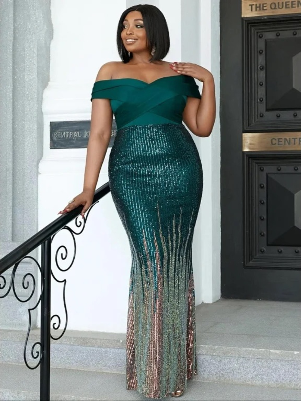 Miss Ord Sequin Ombre Gown Emerald Green Gold Formal Evening Formal Dress- NEW